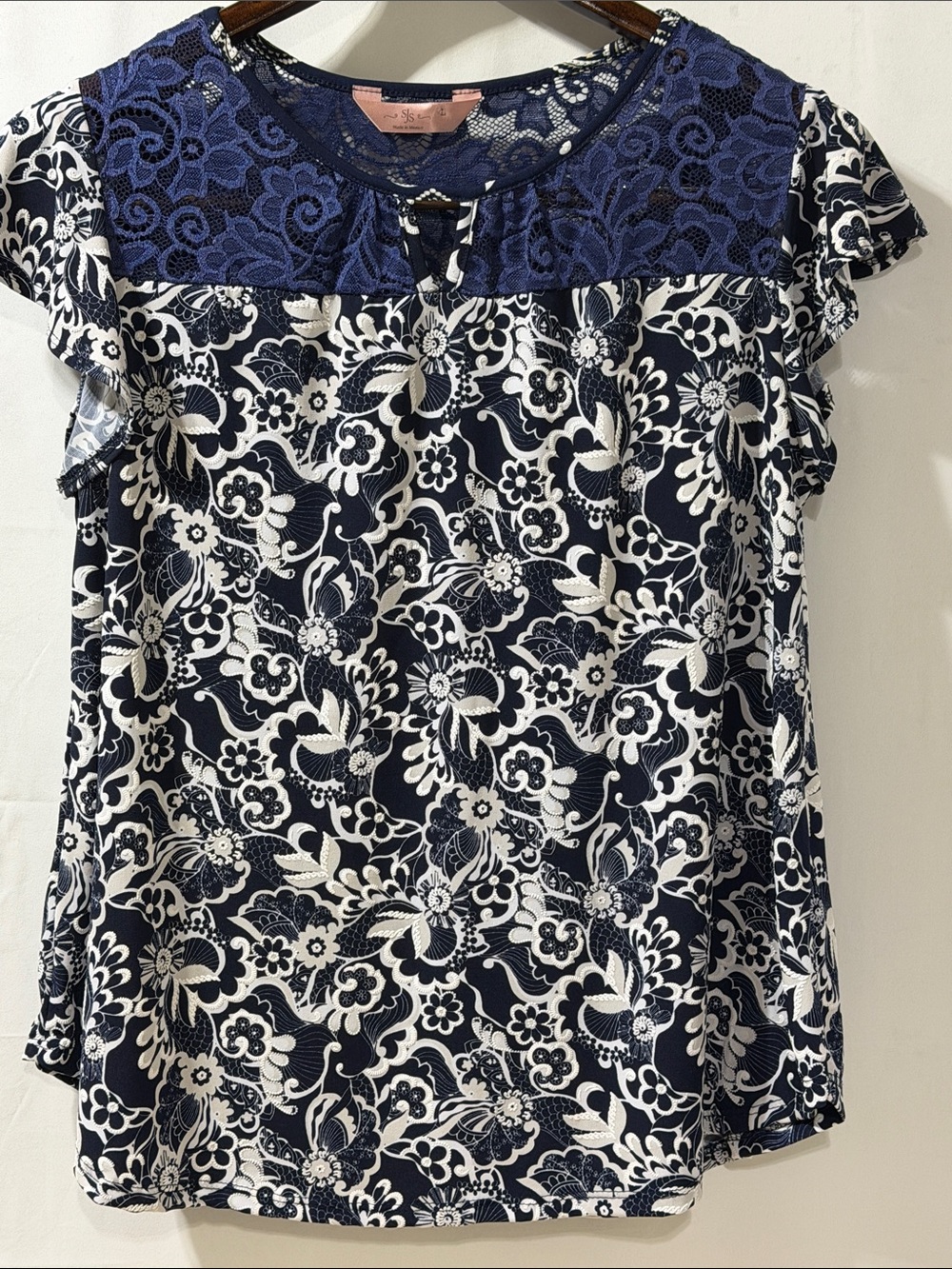 SJS Navy and White Floral Lace Yoke Blouse